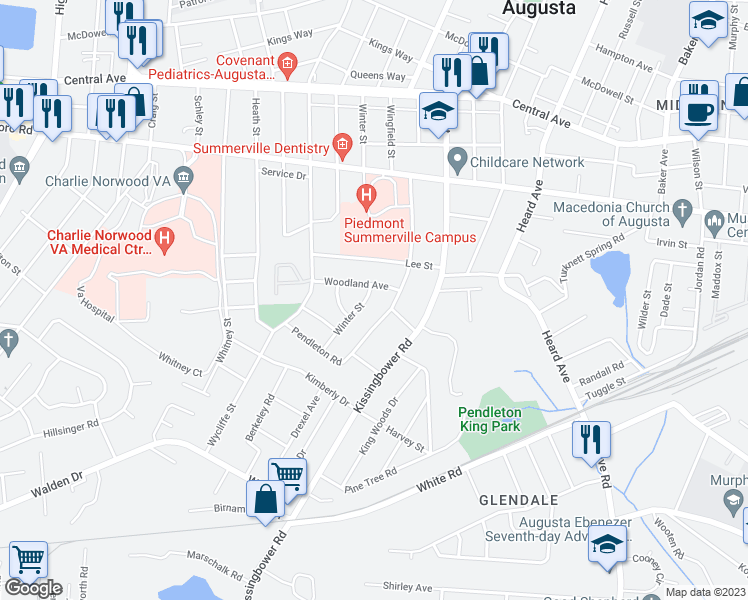 map of restaurants, bars, coffee shops, grocery stores, and more near 1602 Winter Street in Augusta