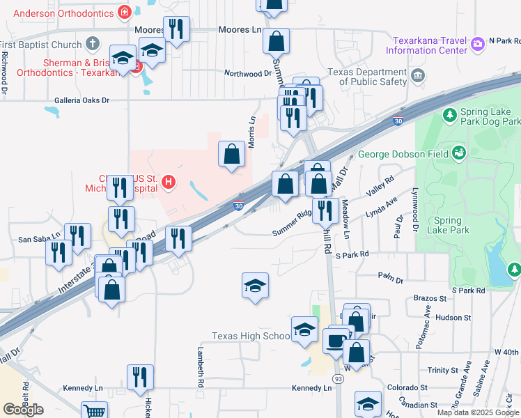 map of restaurants, bars, coffee shops, grocery stores, and more near 2001 Interstate 30 Frontage Road in Texarkana
