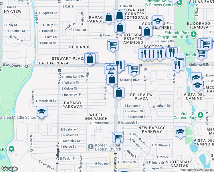 map of restaurants, bars, coffee shops, grocery stores, and more near 1330 North Scottsdale Road in Scottsdale