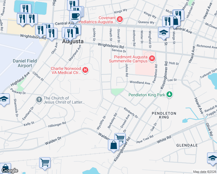 map of restaurants, bars, coffee shops, grocery stores, and more near 2352 Forster Street in Augusta