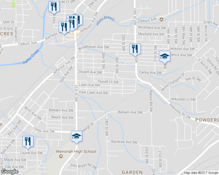 map of restaurants, bars, coffee shops, grocery stores, and more near 2701 Lawn Avenue Southwest in Birmingham