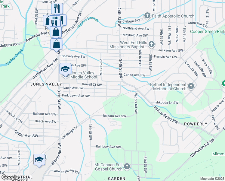 map of restaurants, bars, coffee shops, grocery stores, and more near 2428 Lawn Avenue Southwest in Birmingham