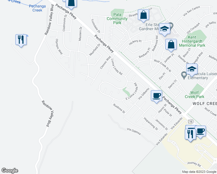 map of restaurants, bars, coffee shops, grocery stores, and more near 45356 Escalante Court in Temecula