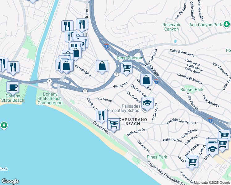 map of restaurants, bars, coffee shops, grocery stores, and more near 26291 Via California in Dana Point