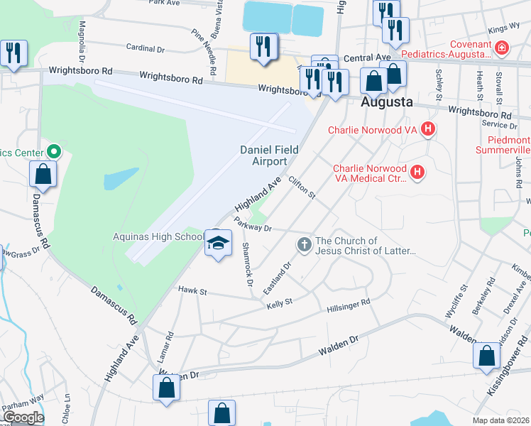 map of restaurants, bars, coffee shops, grocery stores, and more near 2021 Ohio Avenue in Augusta