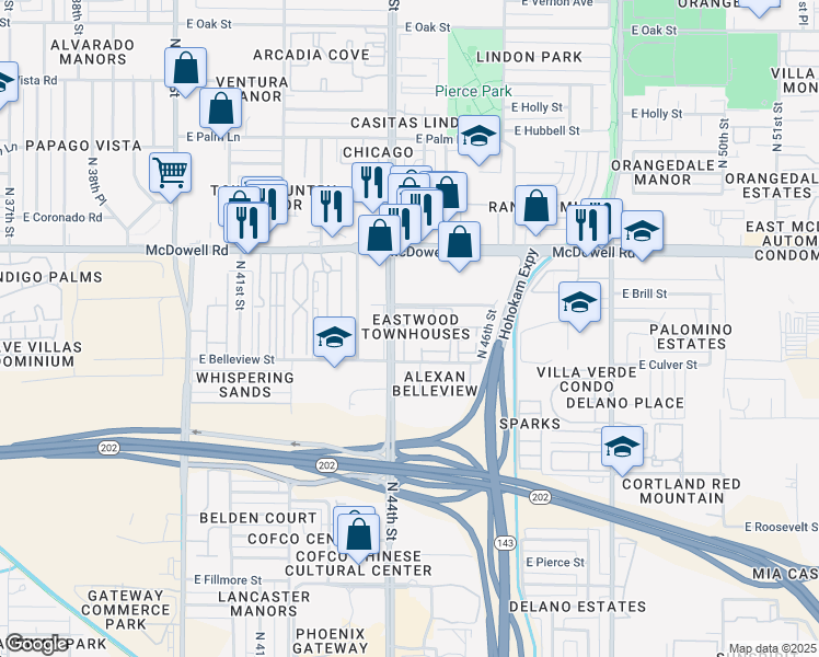 map of restaurants, bars, coffee shops, grocery stores, and more near 1421 North 44th Street in Phoenix