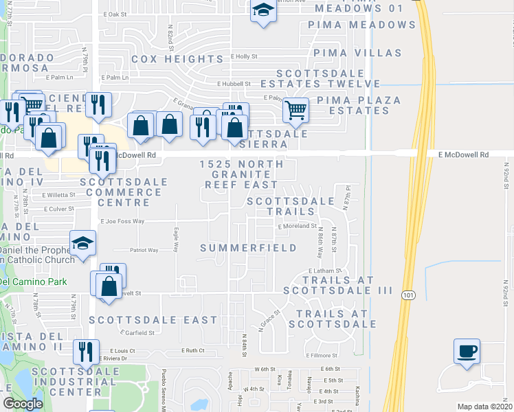 map of restaurants, bars, coffee shops, grocery stores, and more near 118 North 85th Place in Scottsdale