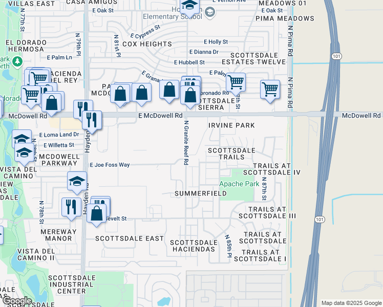 map of restaurants, bars, coffee shops, grocery stores, and more near 1401 North Granite Reef Road in Scottsdale
