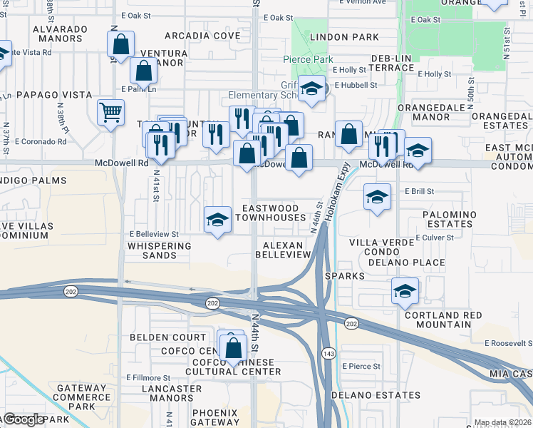map of restaurants, bars, coffee shops, grocery stores, and more near 1421 North 44th Street in Phoenix