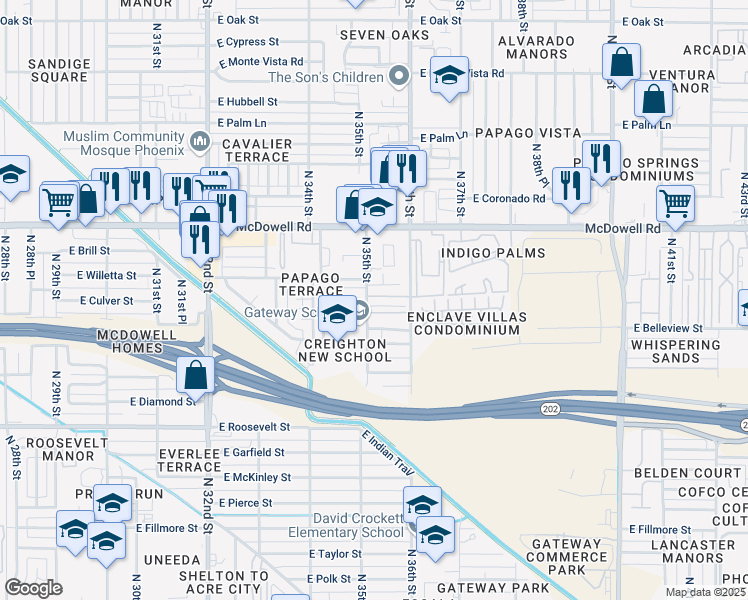 map of restaurants, bars, coffee shops, grocery stores, and more near 1412 North 35th Street in Phoenix
