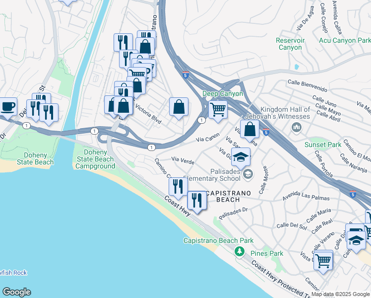 map of restaurants, bars, coffee shops, grocery stores, and more near Via Canon in Dana Point