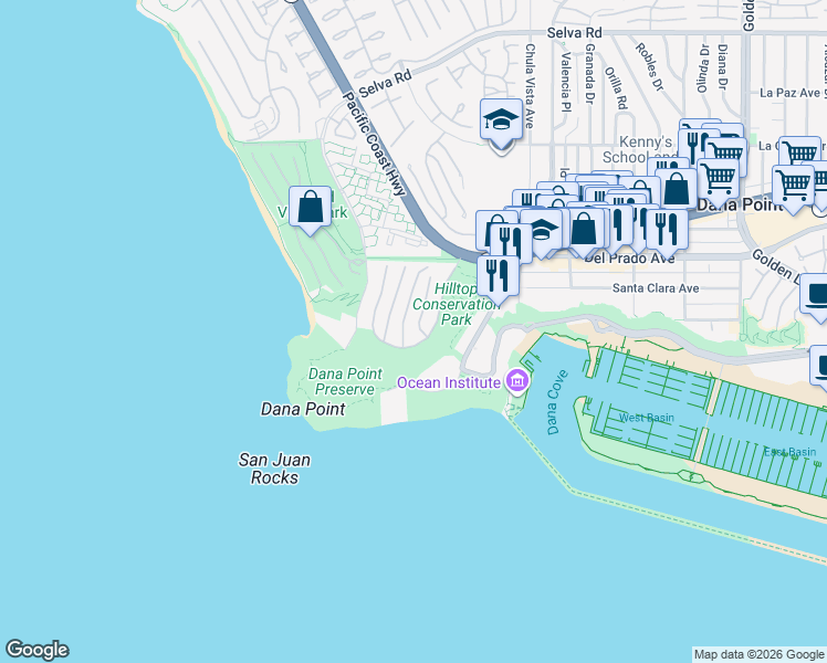 map of restaurants, bars, coffee shops, grocery stores, and more near 11 Pacific Ridge Place in Dana Point