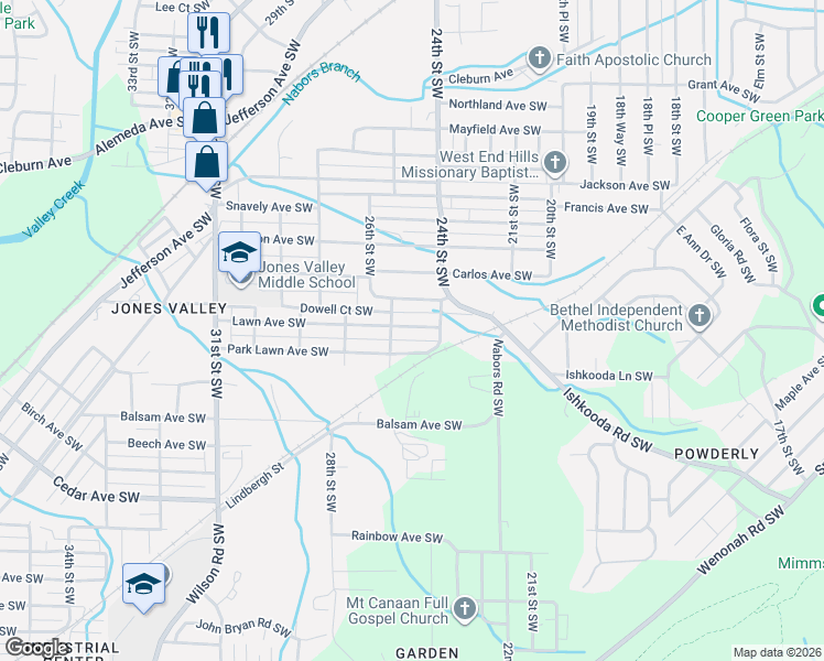map of restaurants, bars, coffee shops, grocery stores, and more near 2428 Lawn Avenue Southwest in Birmingham