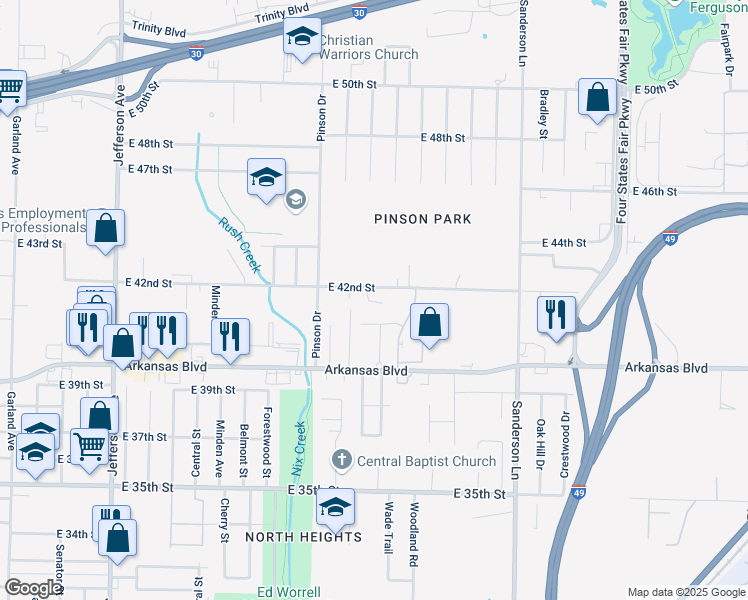 map of restaurants, bars, coffee shops, grocery stores, and more near 2308 Red Branch Drive in Texarkana