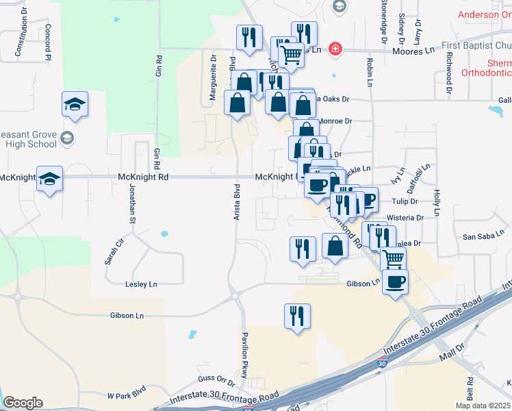 map of restaurants, bars, coffee shops, grocery stores, and more near 4321 McKnight Road in Texarkana