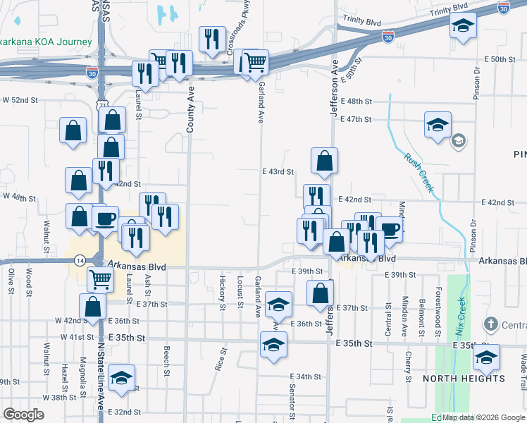 map of restaurants, bars, coffee shops, grocery stores, and more near 4204 Garland Avenue in Texarkana