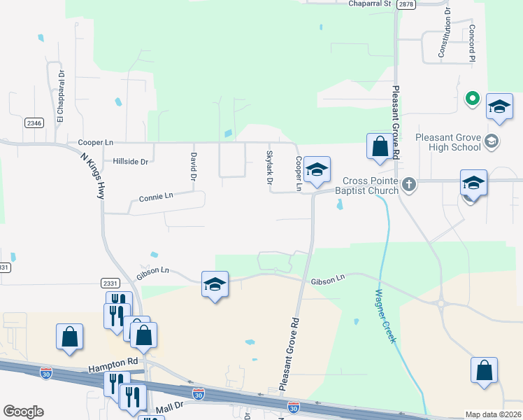 map of restaurants, bars, coffee shops, grocery stores, and more near 174 Skylark Drive in Texarkana