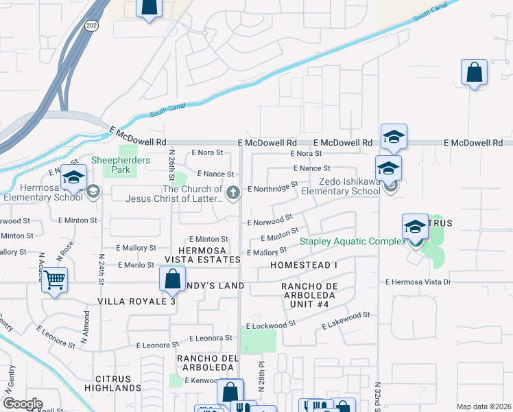 map of restaurants, bars, coffee shops, grocery stores, and more near 2621 North Robin Circle in Mesa