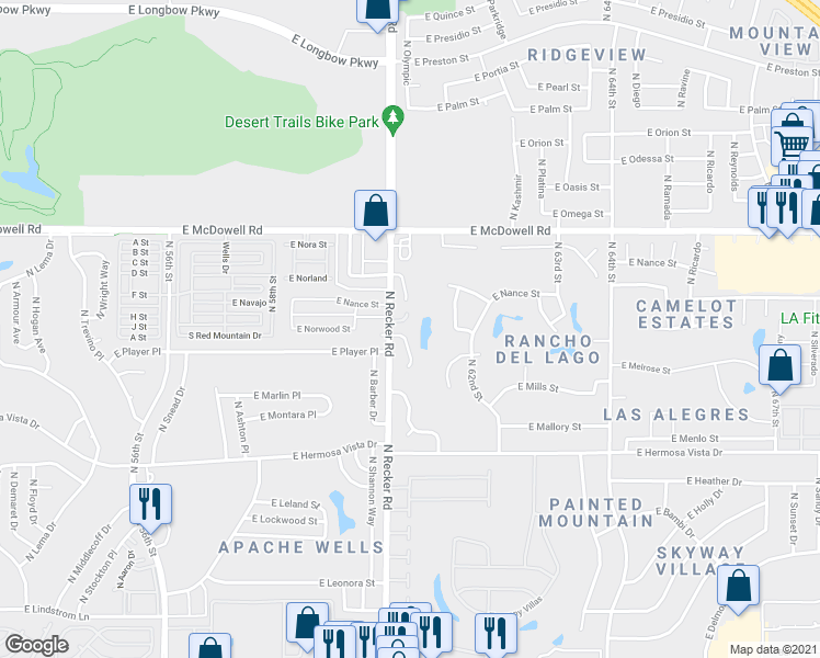 map of restaurants, bars, coffee shops, grocery stores, and more near 2609 North Doral Circle in Mesa