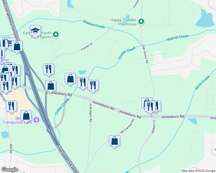 map of restaurants, bars, coffee shops, grocery stores, and more near 45 Oakgrove Lane in McDonough