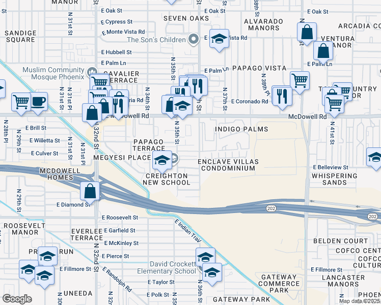 map of restaurants, bars, coffee shops, grocery stores, and more near 1234 North 36th Street in Phoenix
