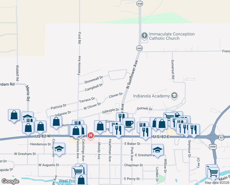 map of restaurants, bars, coffee shops, grocery stores, and more near 307 Clover Drive in Indianola