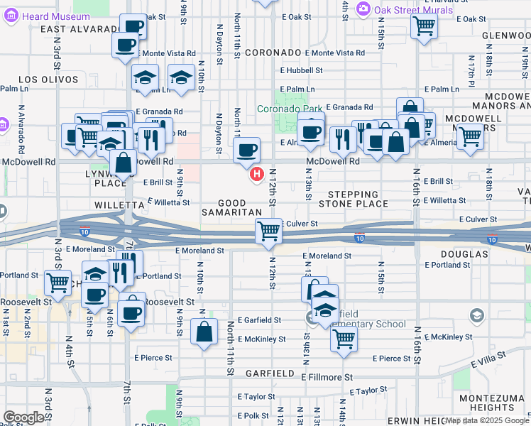 map of restaurants, bars, coffee shops, grocery stores, and more near 1300 North 12th Street in Phoenix