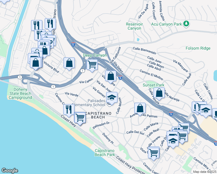 map of restaurants, bars, coffee shops, grocery stores, and more near 34402 Via San Juan in Dana Point