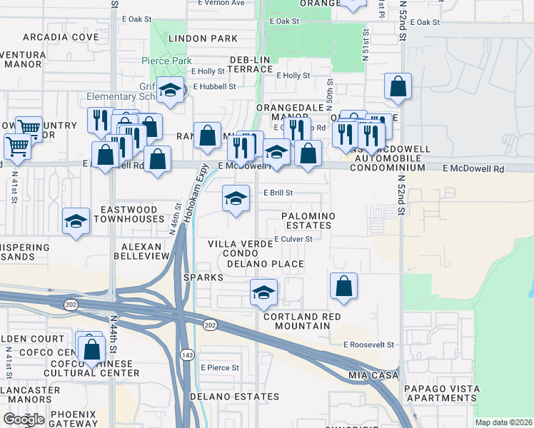 map of restaurants, bars, coffee shops, grocery stores, and more near 4802 East Willetta Street in Phoenix