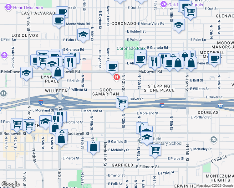 map of restaurants, bars, coffee shops, grocery stores, and more near 1300 North 12th Street in Phoenix