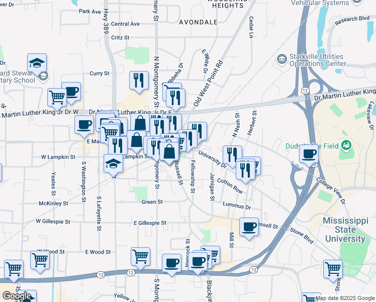 map of restaurants, bars, coffee shops, grocery stores, and more near 507 University Drive in Starkville