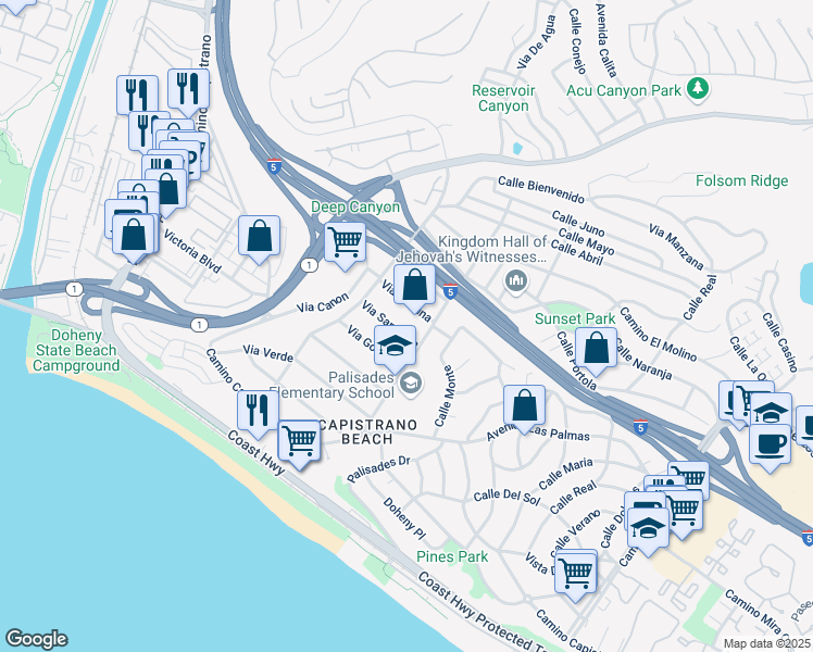 map of restaurants, bars, coffee shops, grocery stores, and more near 34402 Via San Juan in Dana Point