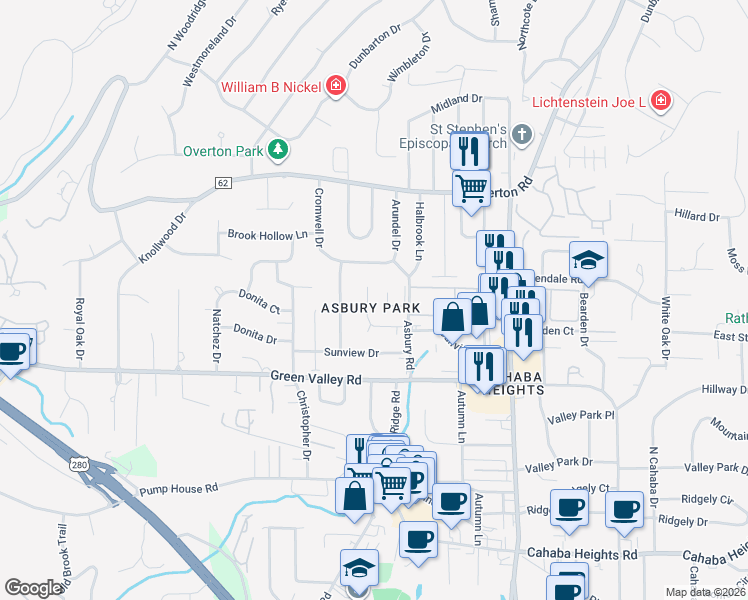 map of restaurants, bars, coffee shops, grocery stores, and more near 3009 Asbury Park Place in Vestavia Hills