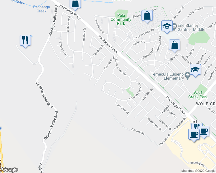 map of restaurants, bars, coffee shops, grocery stores, and more near 45359 Escalante Court in Temecula