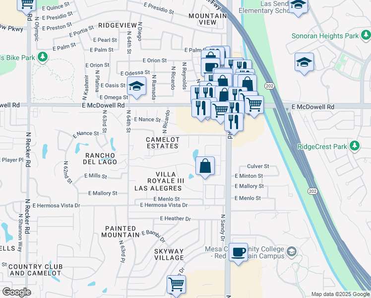 map of restaurants, bars, coffee shops, grocery stores, and more near 2614 North Saffron Circle in Mesa
