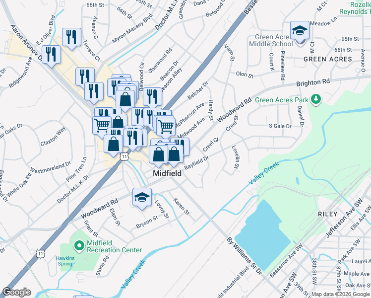 map of restaurants, bars, coffee shops, grocery stores, and more near 1404 Woodward Road in Birmingham
