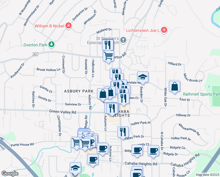 map of restaurants, bars, coffee shops, grocery stores, and more near 2508 Napoleon Court in Vestavia Hills