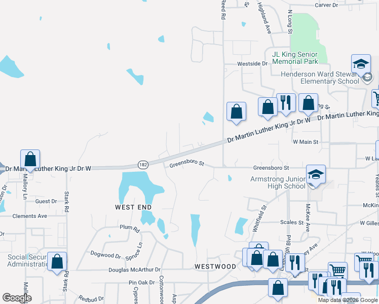 map of restaurants, bars, coffee shops, grocery stores, and more near Doctor Martin Luther King Junior Drive West in Starkville