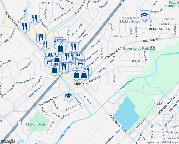 map of restaurants, bars, coffee shops, grocery stores, and more near 1404 Woodward Road in Birmingham