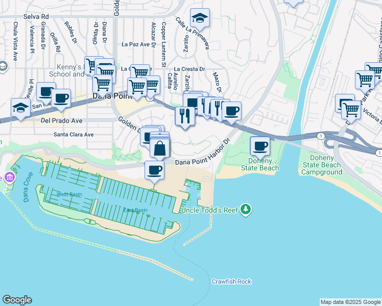 map of restaurants, bars, coffee shops, grocery stores, and more near 25111 Park Lantern in Dana Point