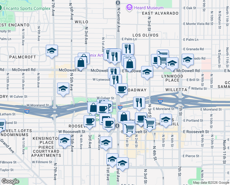 map of restaurants, bars, coffee shops, grocery stores, and more near 1326 North Central Avenue in Phoenix
