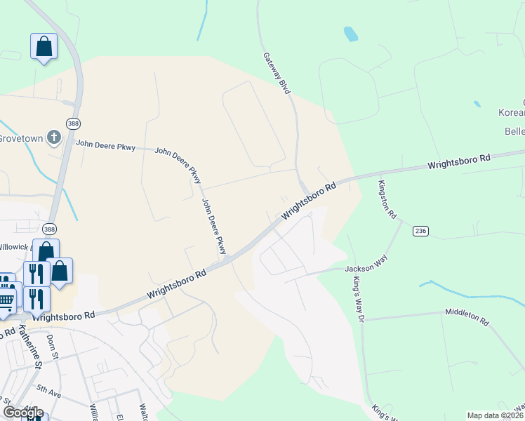 map of restaurants, bars, coffee shops, grocery stores, and more near 4929 Wrightsboro Road in Grovetown