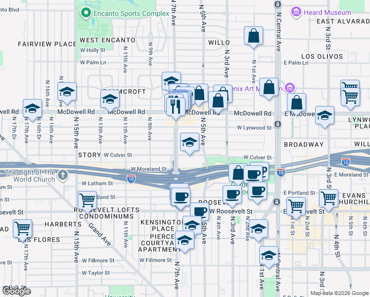 map of restaurants, bars, coffee shops, grocery stores, and more near 528 West Culver Street in Phoenix
