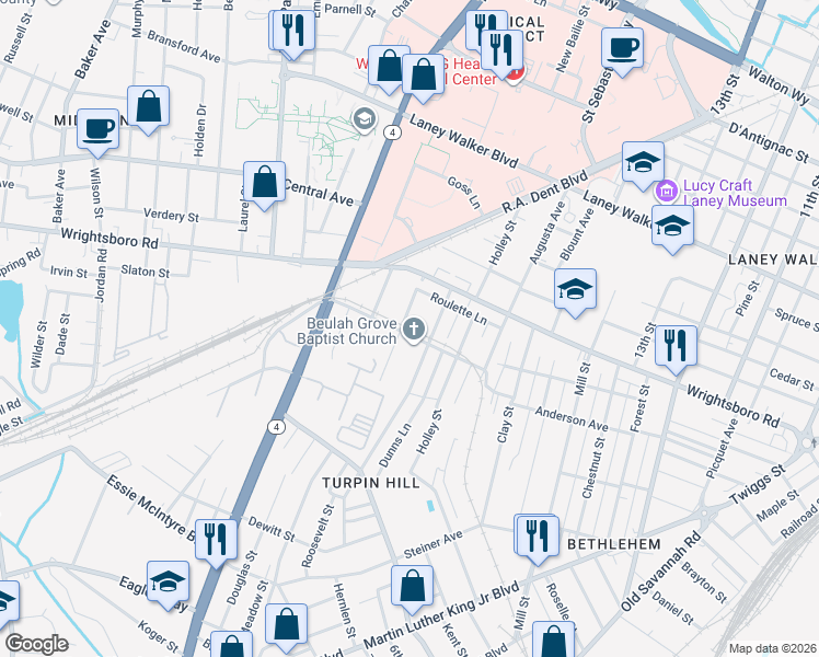 map of restaurants, bars, coffee shops, grocery stores, and more near 1433 Poplar Street in Augusta