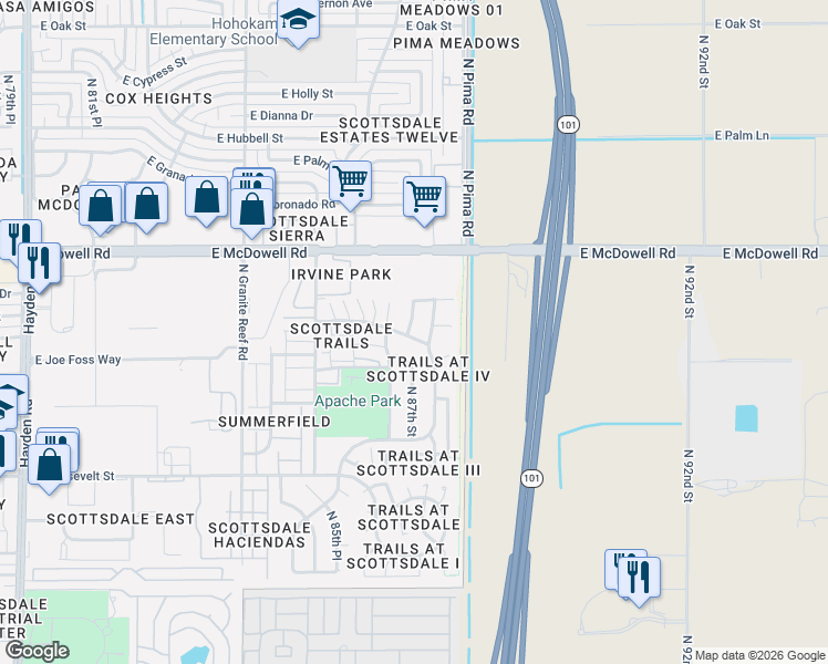 map of restaurants, bars, coffee shops, grocery stores, and more near 1355 North 87th Street in Scottsdale