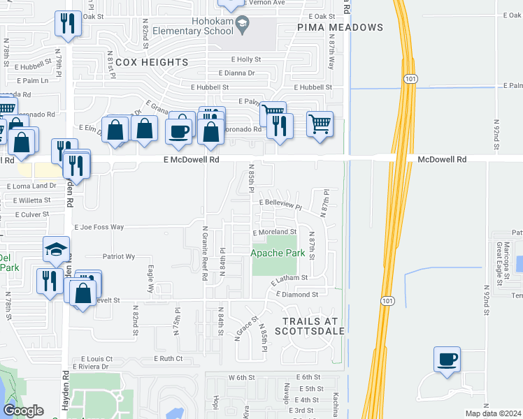 map of restaurants, bars, coffee shops, grocery stores, and more near 1151 East Belleview Place in Scottsdale