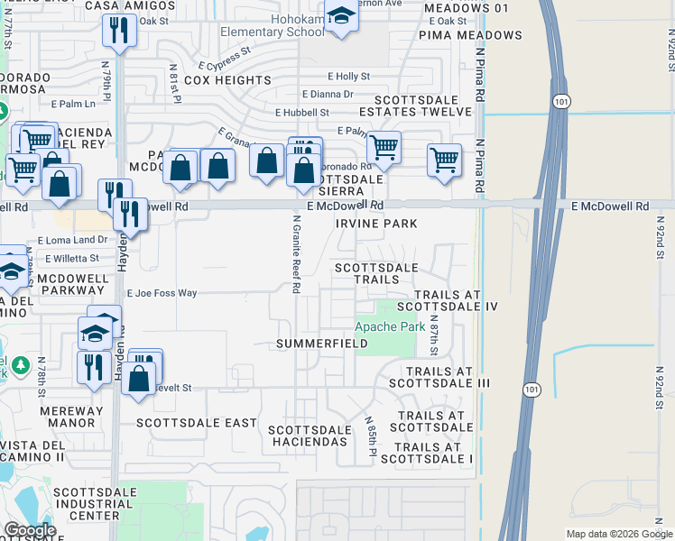 map of restaurants, bars, coffee shops, grocery stores, and more near 118 North 85th Place in Scottsdale