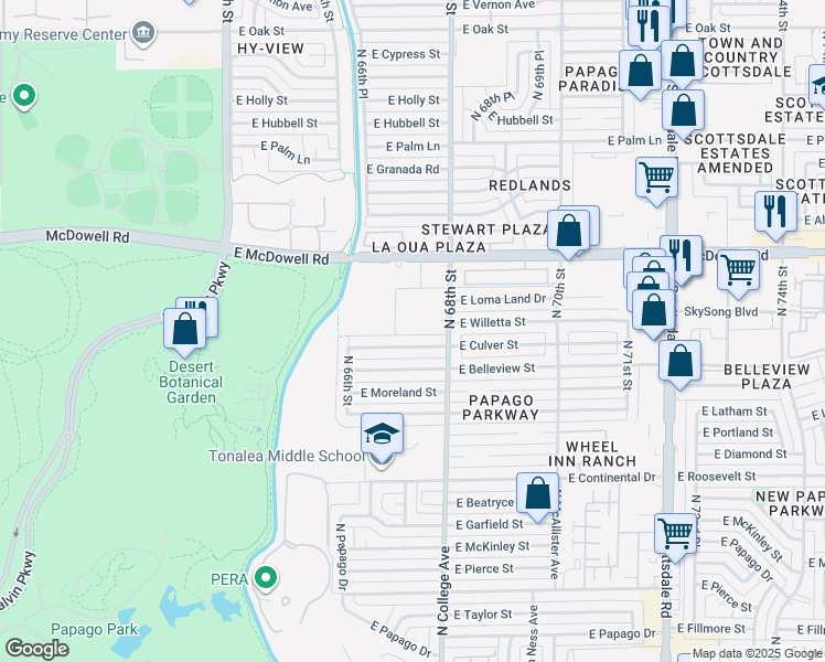 map of restaurants, bars, coffee shops, grocery stores, and more near 6721 East McDowell Road in Scottsdale