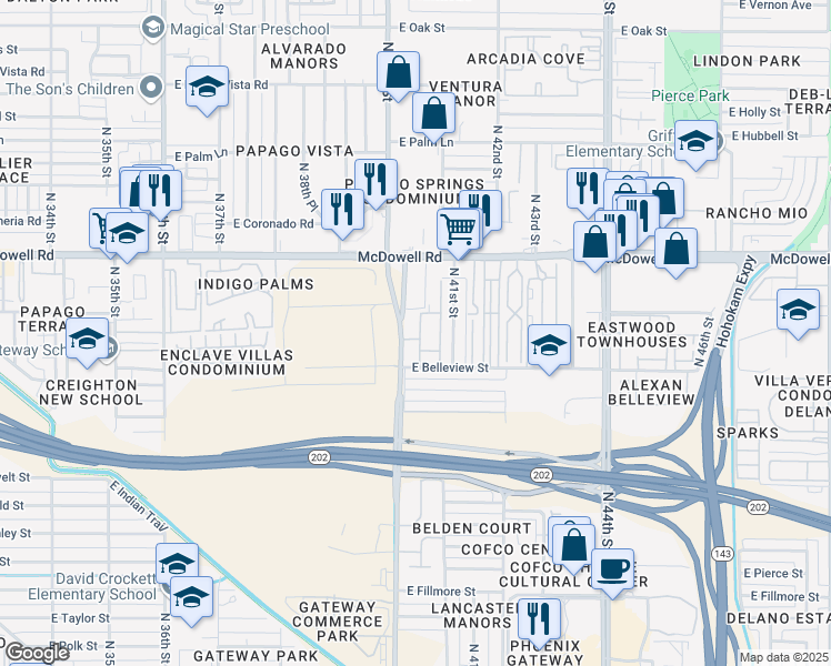 map of restaurants, bars, coffee shops, grocery stores, and more near 1275 North 40th Street in Phoenix
