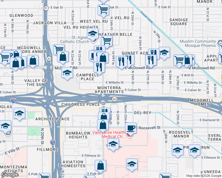 map of restaurants, bars, coffee shops, grocery stores, and more near 1333 North 24th Street in Phoenix